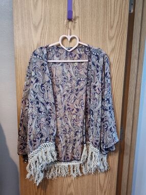 Paisley Fringe Kimono Cardigan in Navy & Cream